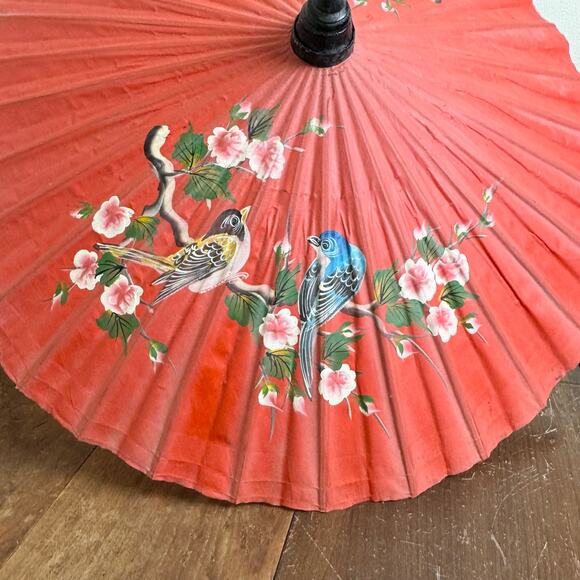 Vintage hand painted Cherry Blossom Finch Bird Red Parasol Bamboo Umbrella - Picture 5 of 11